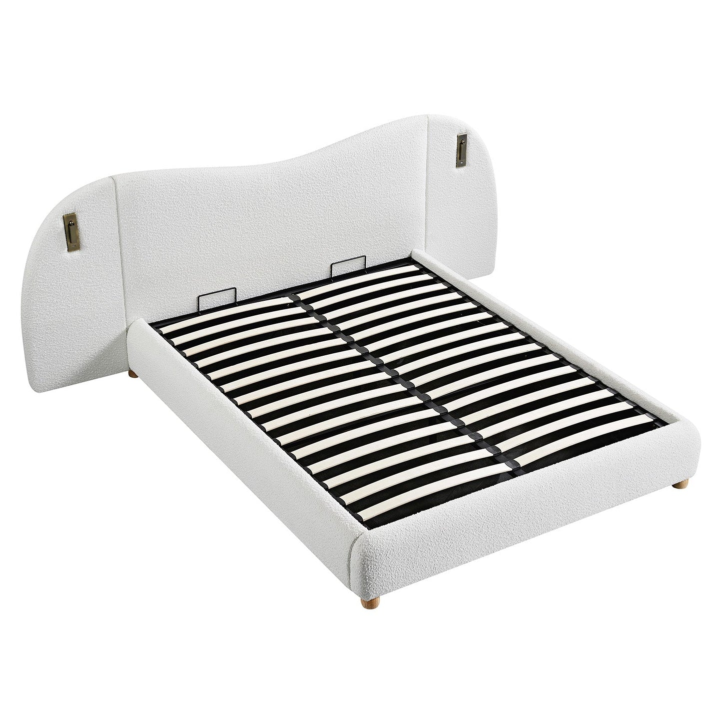 Egerie Extended Headboard Ottoman Bed with Storage, Beige Boucle