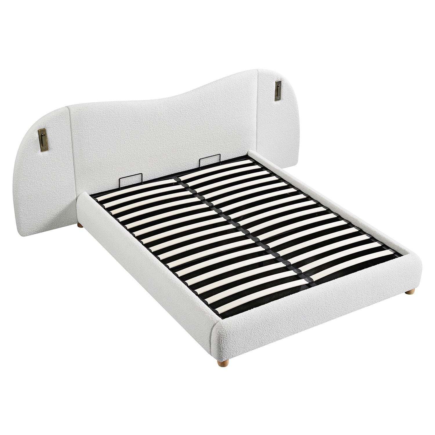 Egerie Extended Headboard Ottoman Bed with Storage, Beige Boucle