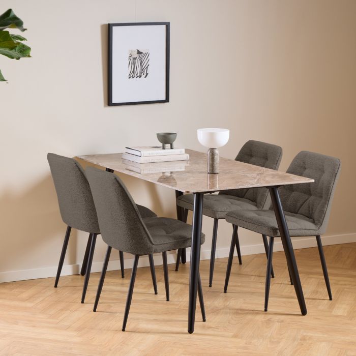 Wicklow Ceramic Dining Table Brown/Black 140x75cm with 4 Brooke Chairs in Taupe