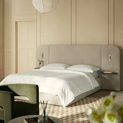 Della Extended Headboard Bed with Storage, Soft Beige Chenille