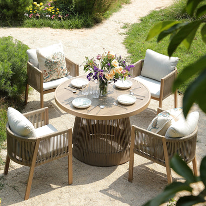 Pedra Rope and Aluminium Outdoor 4-Seater Round Dining Set, Natural