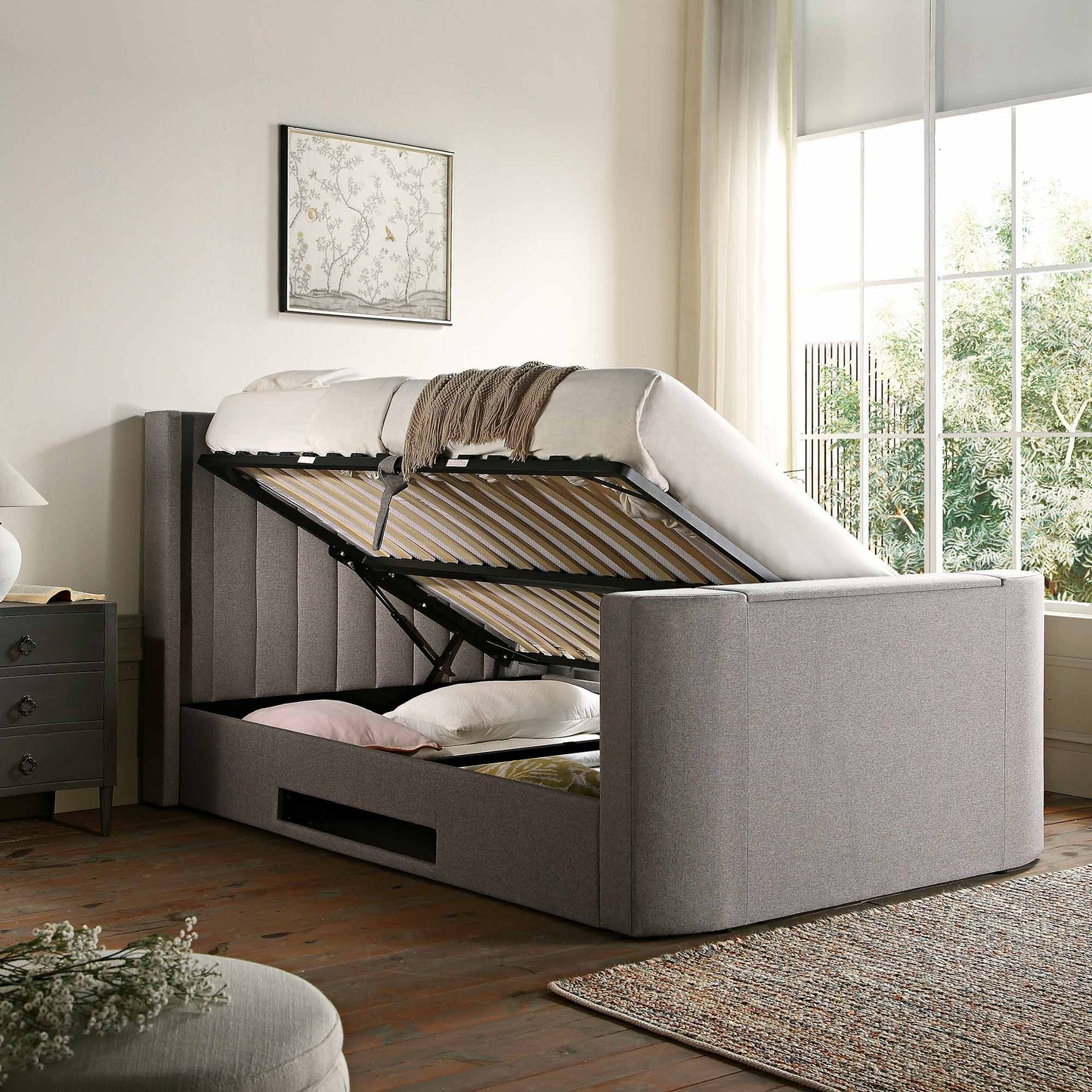 Wilton Grey Fabric TV Bed with Ottoman Storage