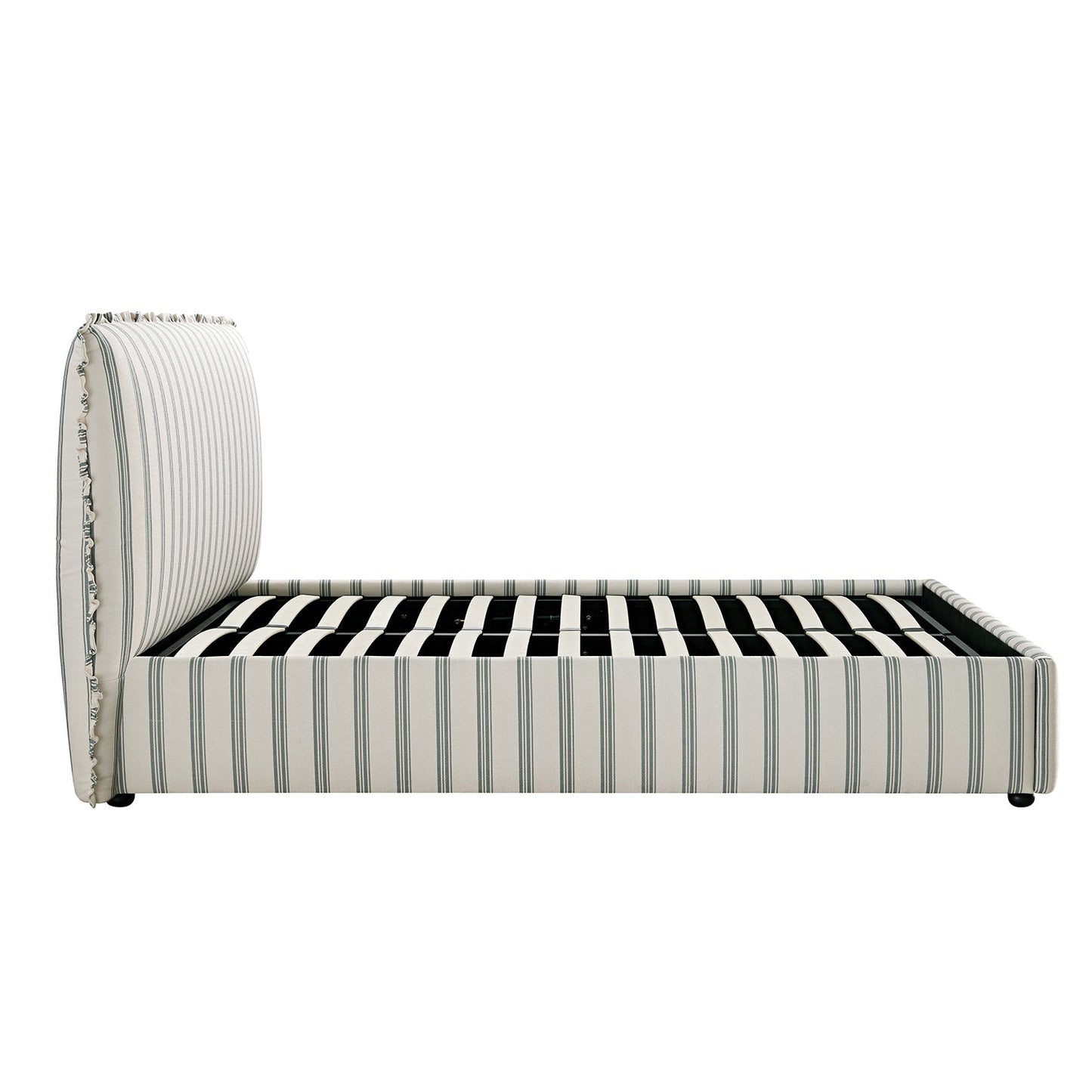 Celeste Upholstered Bed with Storage with Ruffled Headboard, Laurel Green Stripe