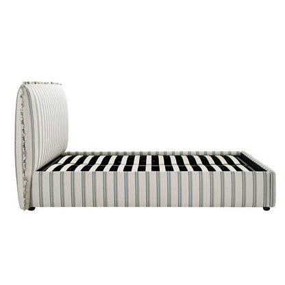 Celeste Upholstered Bed with Storage with Ruffled Headboard, Laurel Green Stripe