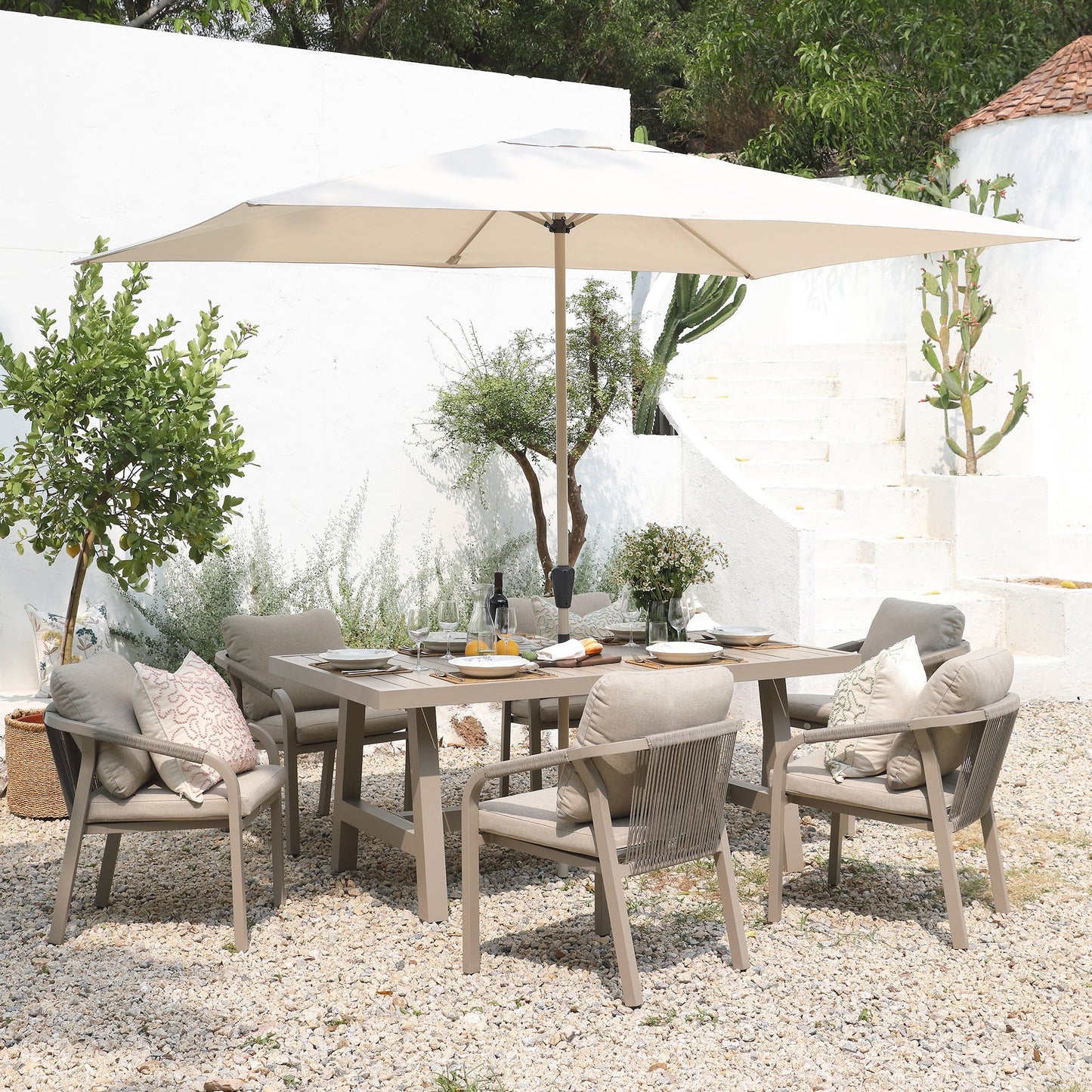 Manresa Rope 6-Seater Rectangular Garden Dining Set, Taupe and Beige