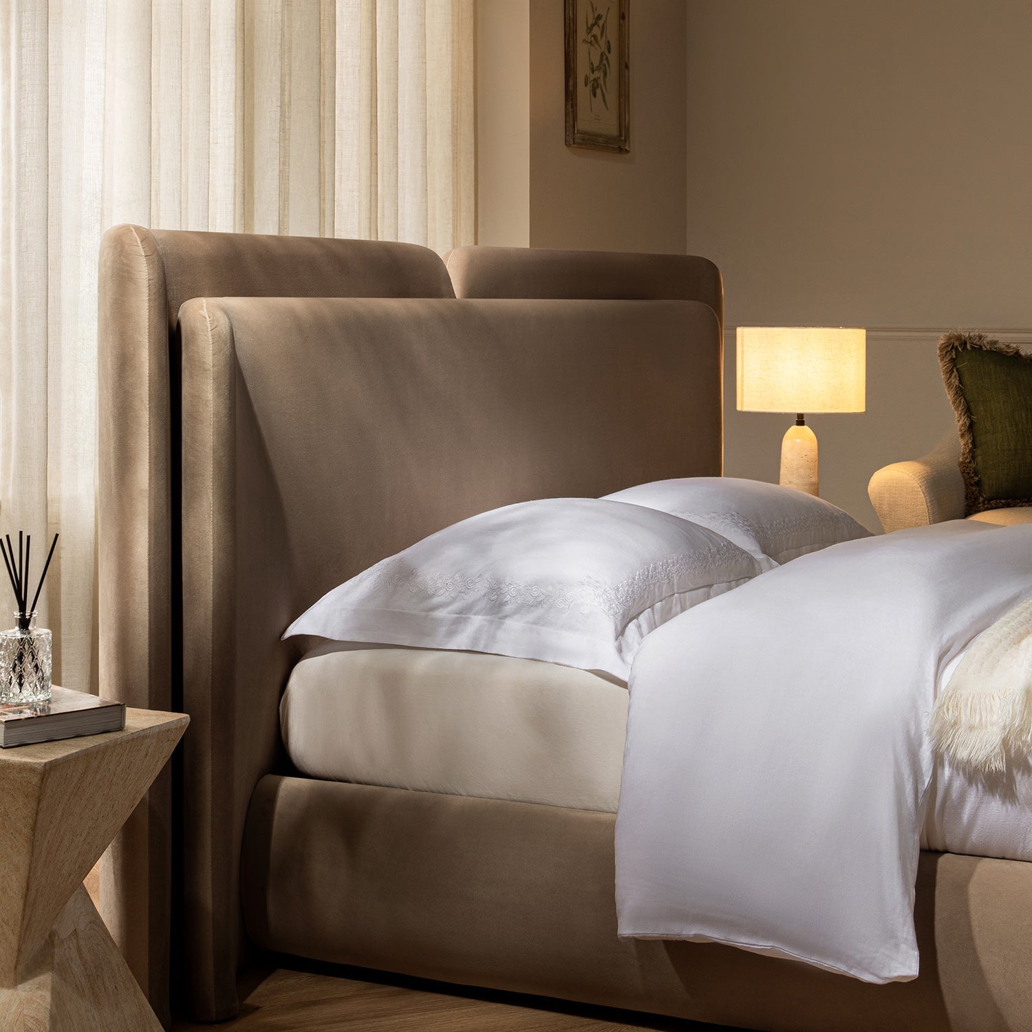 Jolene Layered Wingback Bed with Storage, Taupe Velvet