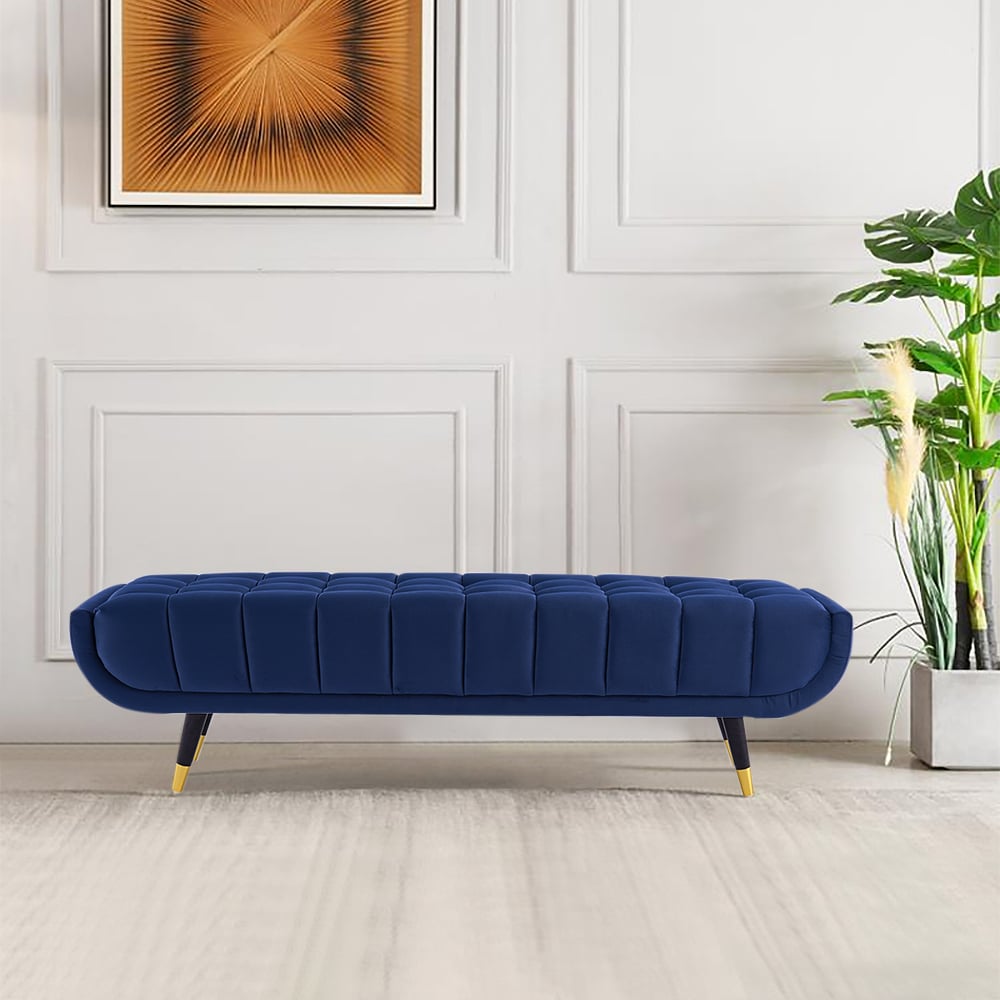Enoak Modern Blue Bedroom Bench Velvet Upholstery Wooden Legs – view 5