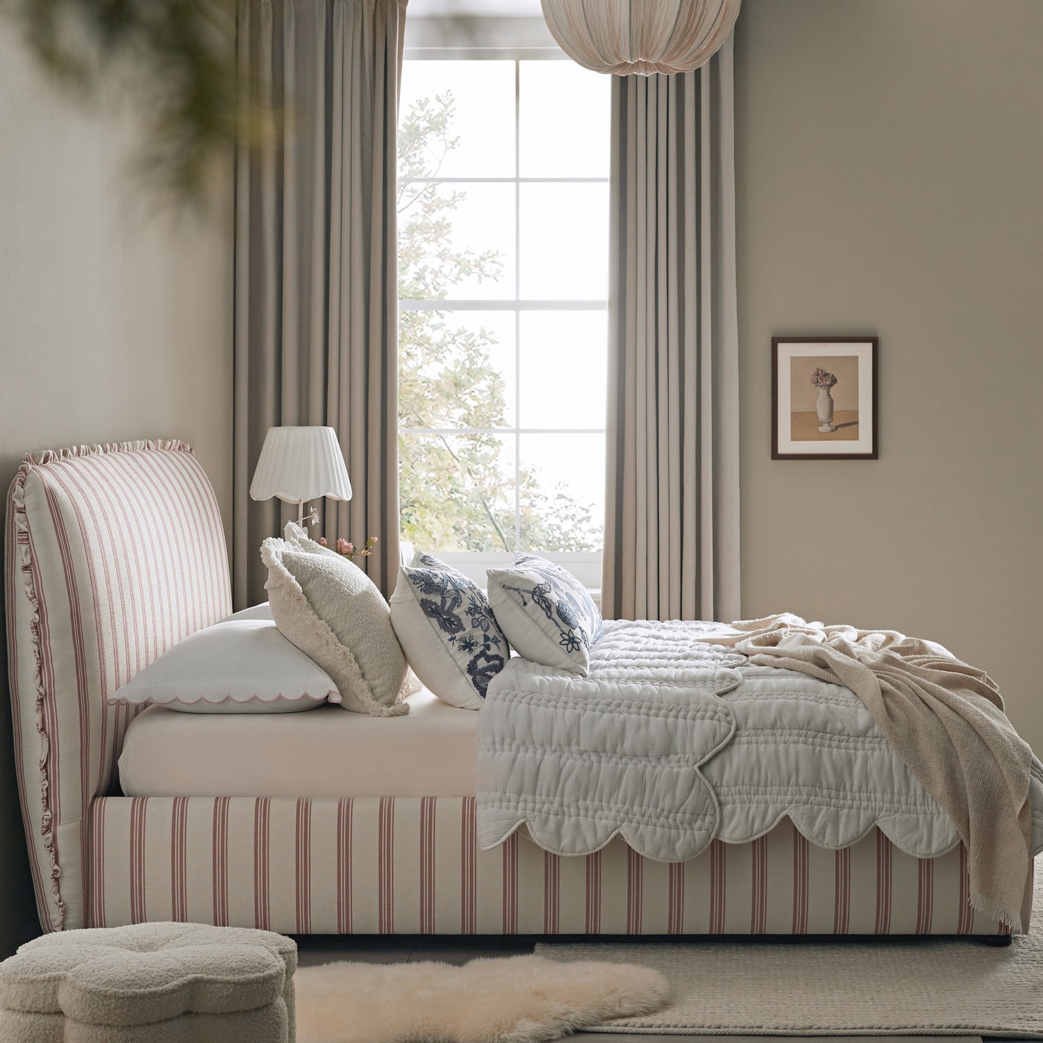 Celeste Upholstered Bed with Storage with Ruffled Headboard, Peony Red Stripe
