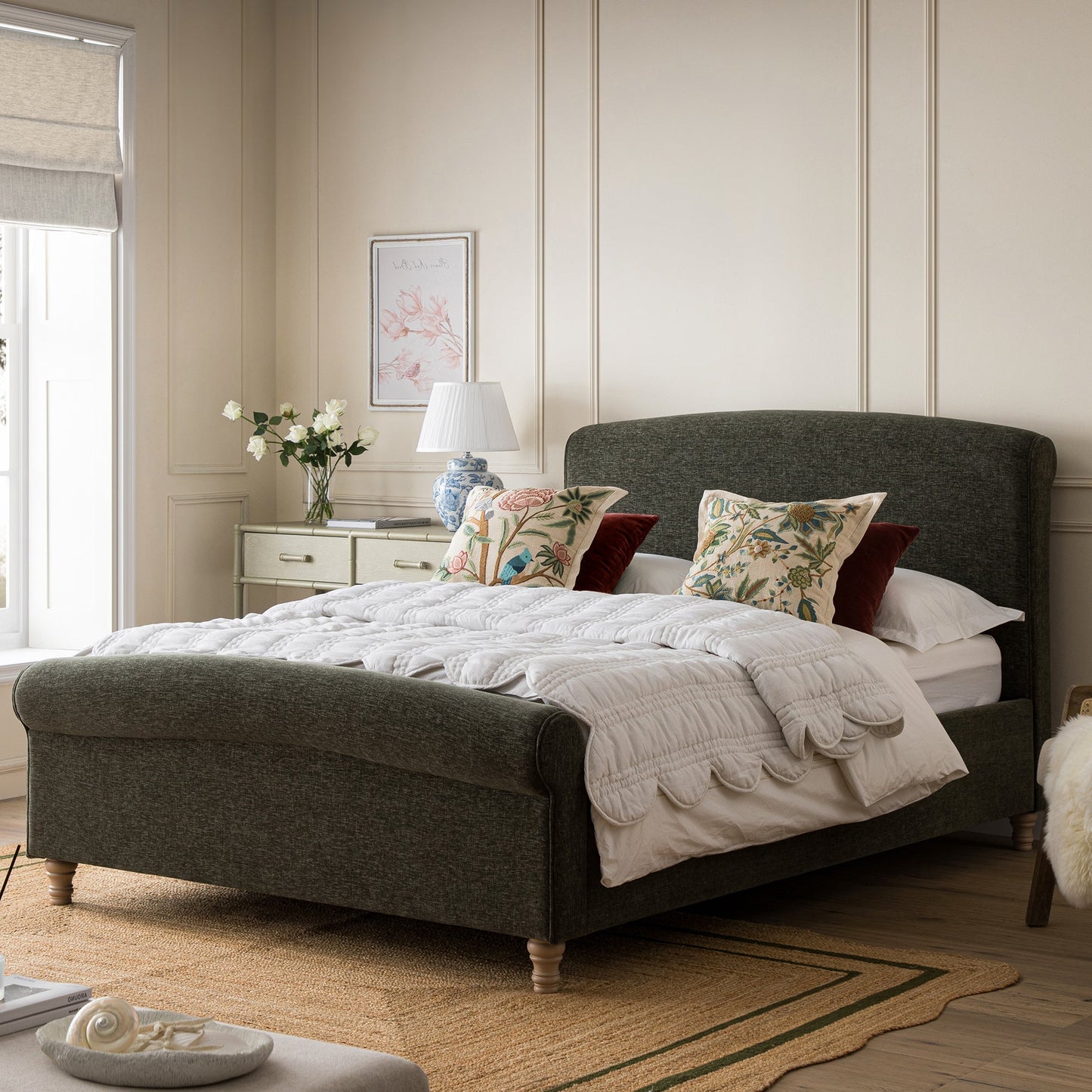 Porchester Ottoman Bed with Storage, Sleigh, Forest Green Chenille