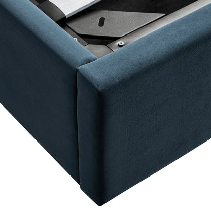 Kimberly Winged Upholstered Bed with Storage, Aegean Blue Velvet