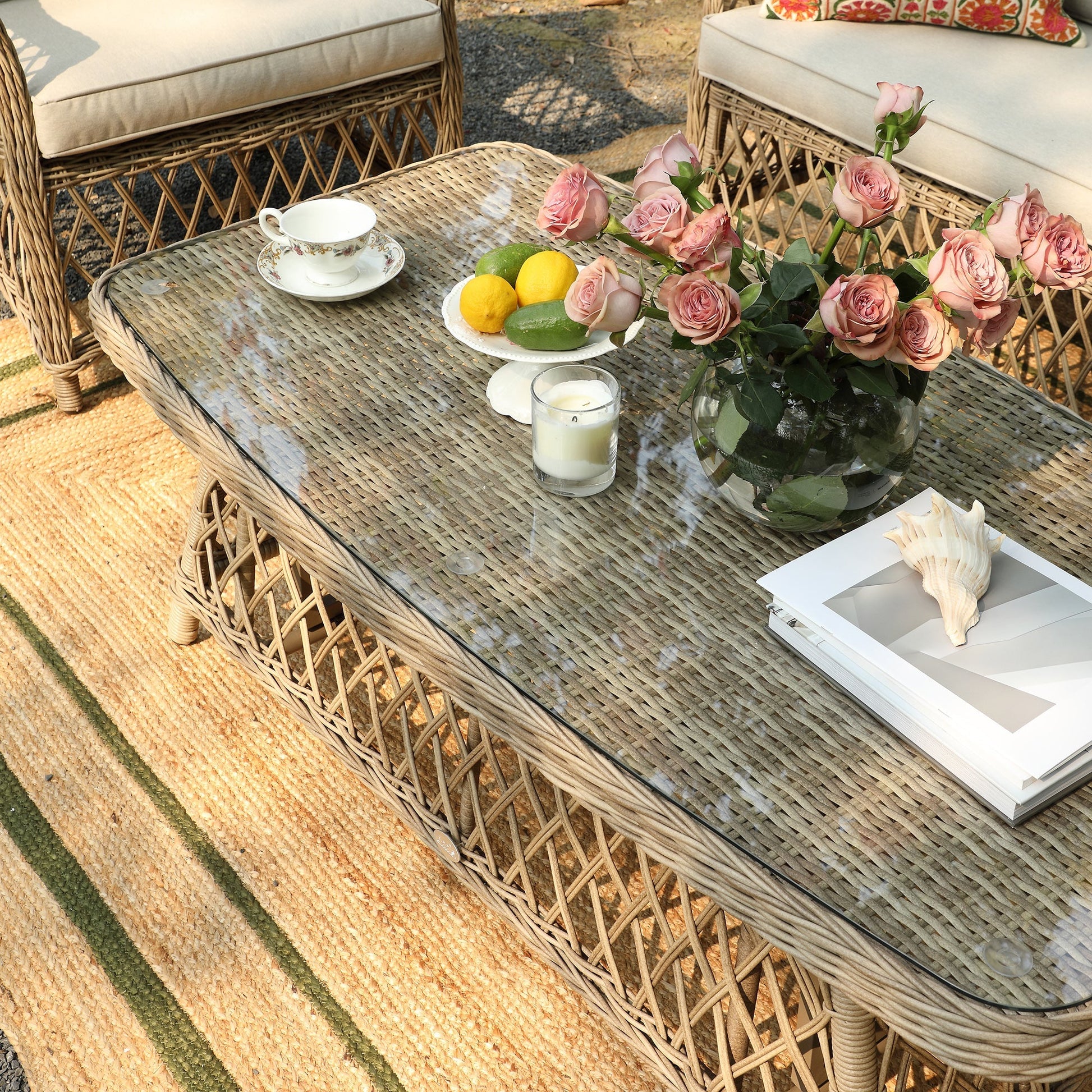Willowbrook Lattice Weave Rattan 5-Seater Outdoor Sofa Set with Rising Table, Natural