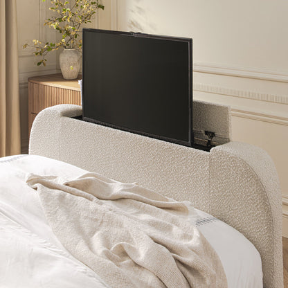 Egerie Curved Headboard Beige Boucle TV Bed with Ottoman Storage