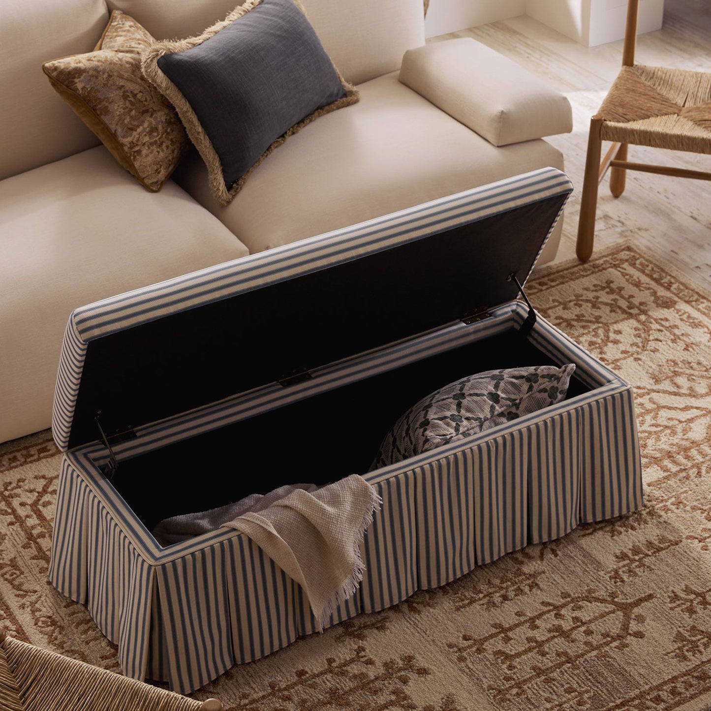 Egerton Box-Pleat Storage Bench, Blue Striped Linen