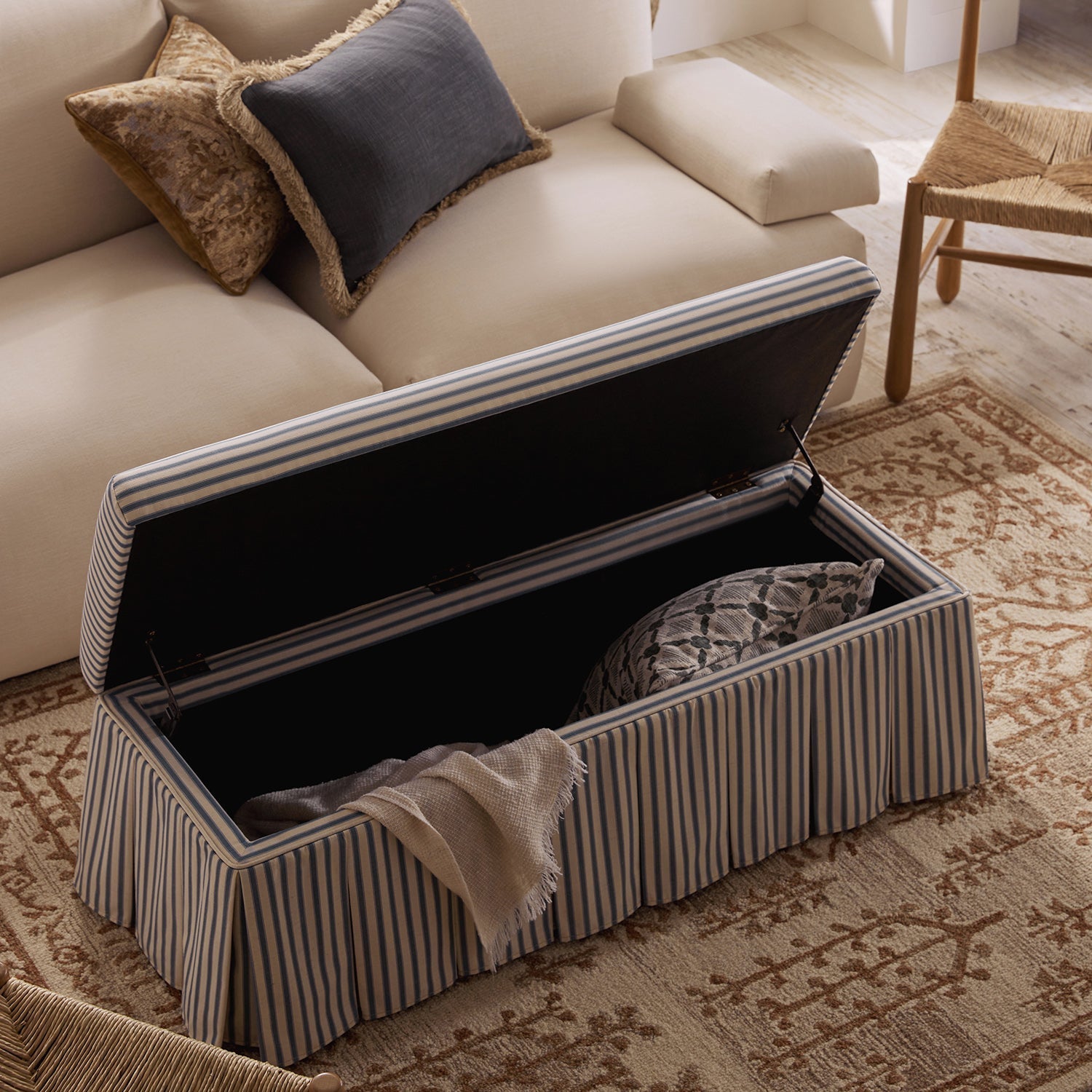 Egerton Box-Pleat Storage Bench, Blue Striped Linen