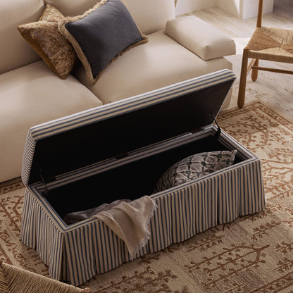 Egerton Box-Pleat Storage Bench, Blue Striped Linen