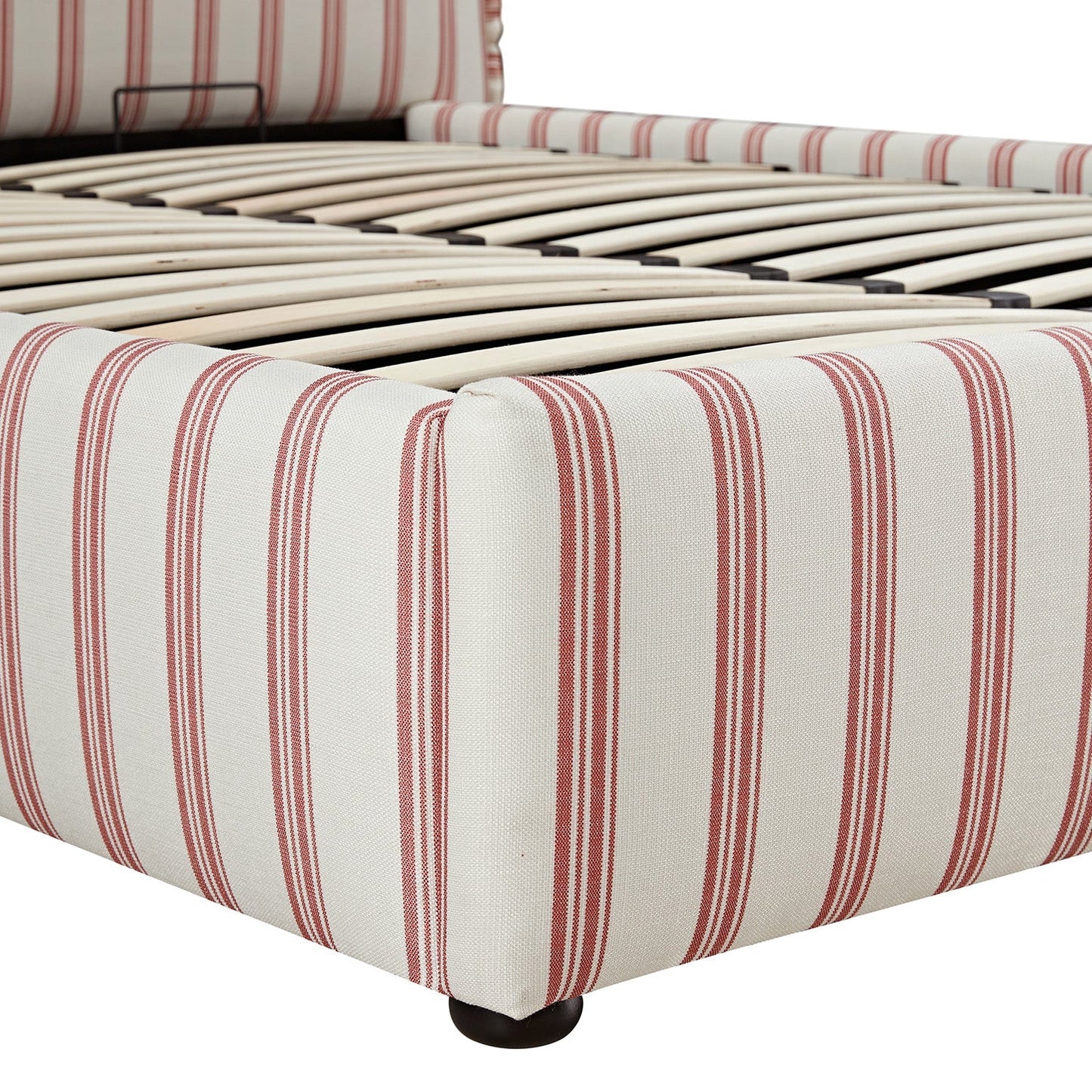 Celeste Upholstered Bed with Storage with Ruffled Headboard, Peony Red Stripe