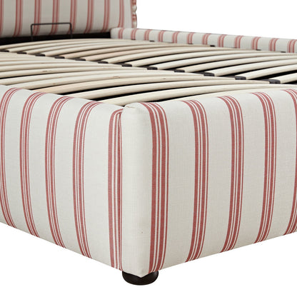 Celeste Upholstered Bed with Storage with Ruffled Headboard, Peony Red Stripe