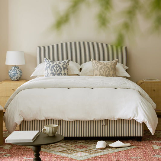 Chilworth Upholstered Ottoman Bed with Storage, Blue Stripe Linen Blend