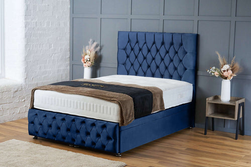 Mulberry Ottoman Storage Divan Bed with Headboard – Royal Blue Plush Velvet