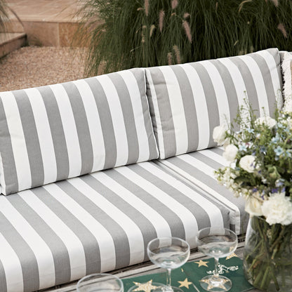Bellagio Round Wicker Large Corner Casual Dining Set with Rising Firepit Table, Light Grey with Taupe Stripes