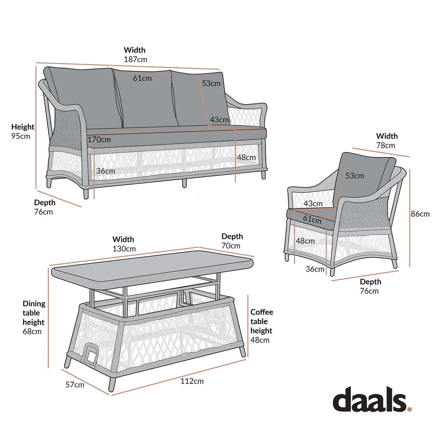 Willowbrook Lattice Weave Rattan 5-Seater Outdoor Sofa Set with Rising Table, Natural