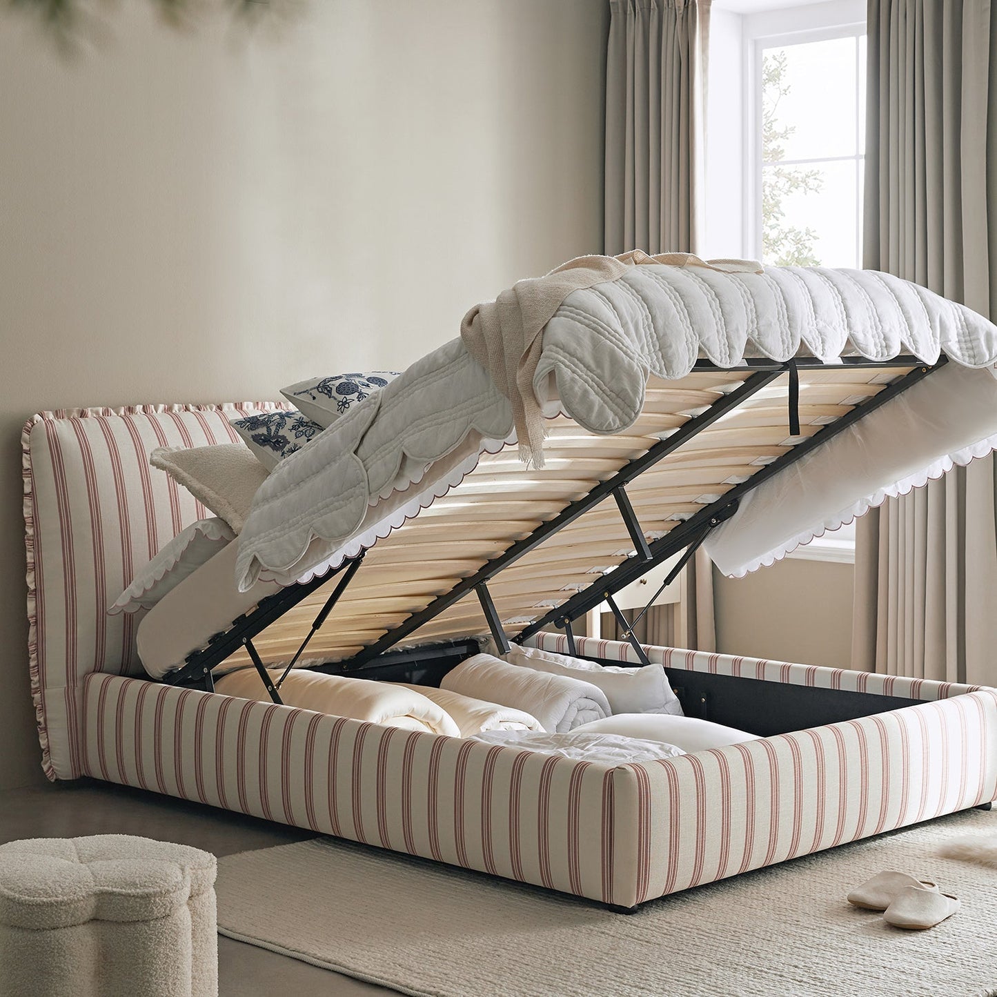 Celeste Upholstered Bed with Storage with Ruffled Headboard, Peony Red Stripe