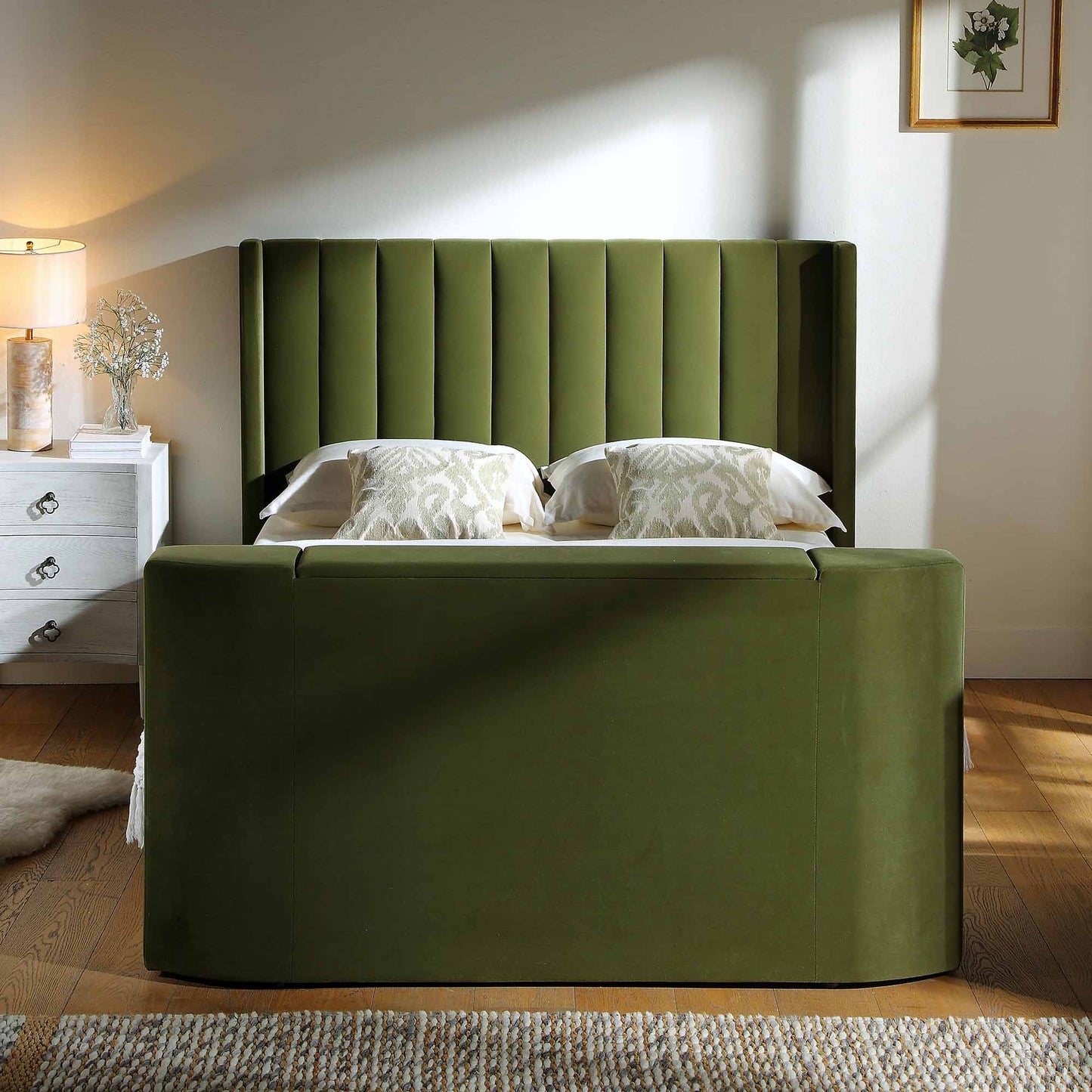 Wilton Moss Green Velvet TV Bed with Ottoman Storage