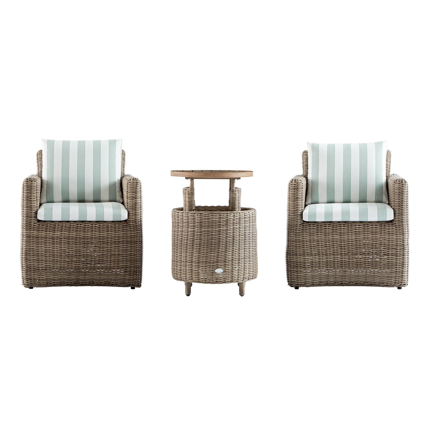 Bellagio Round Wicker Bistro Set with Rising Side Table, Natural with Sage Stripes