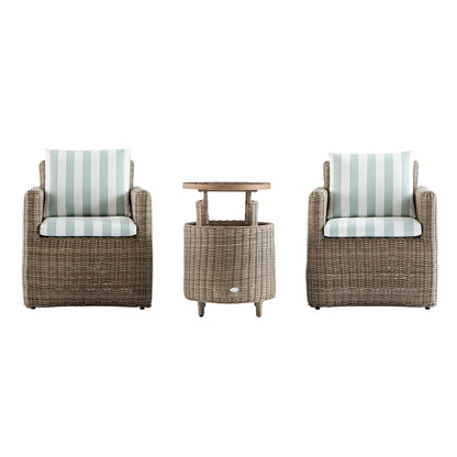 Bellagio Round Wicker Bistro Set with Rising Side Table, Natural with Sage Stripes
