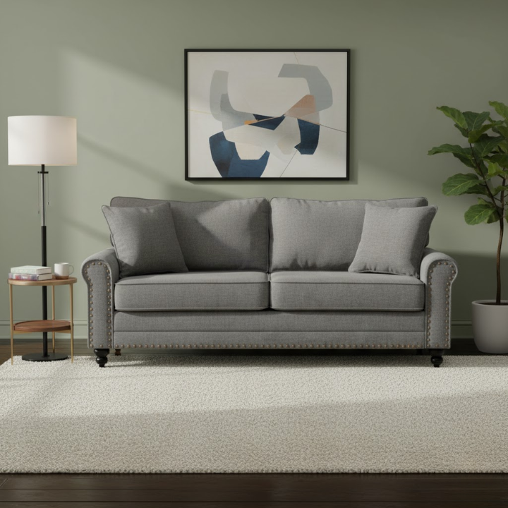 Grey 3-Seater Fabric Sofa (196cm) with Rubber Wood Legs, Nailhead Detailing & 2 Accent Pillows – Compact Couch for Living Spaces