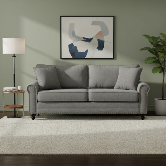 Grey 3-Seater Fabric Sofa (196cm) with Rubber Wood Legs, Nailhead Detailing & 2 Accent Pillows – Compact Couch for Living Spaces