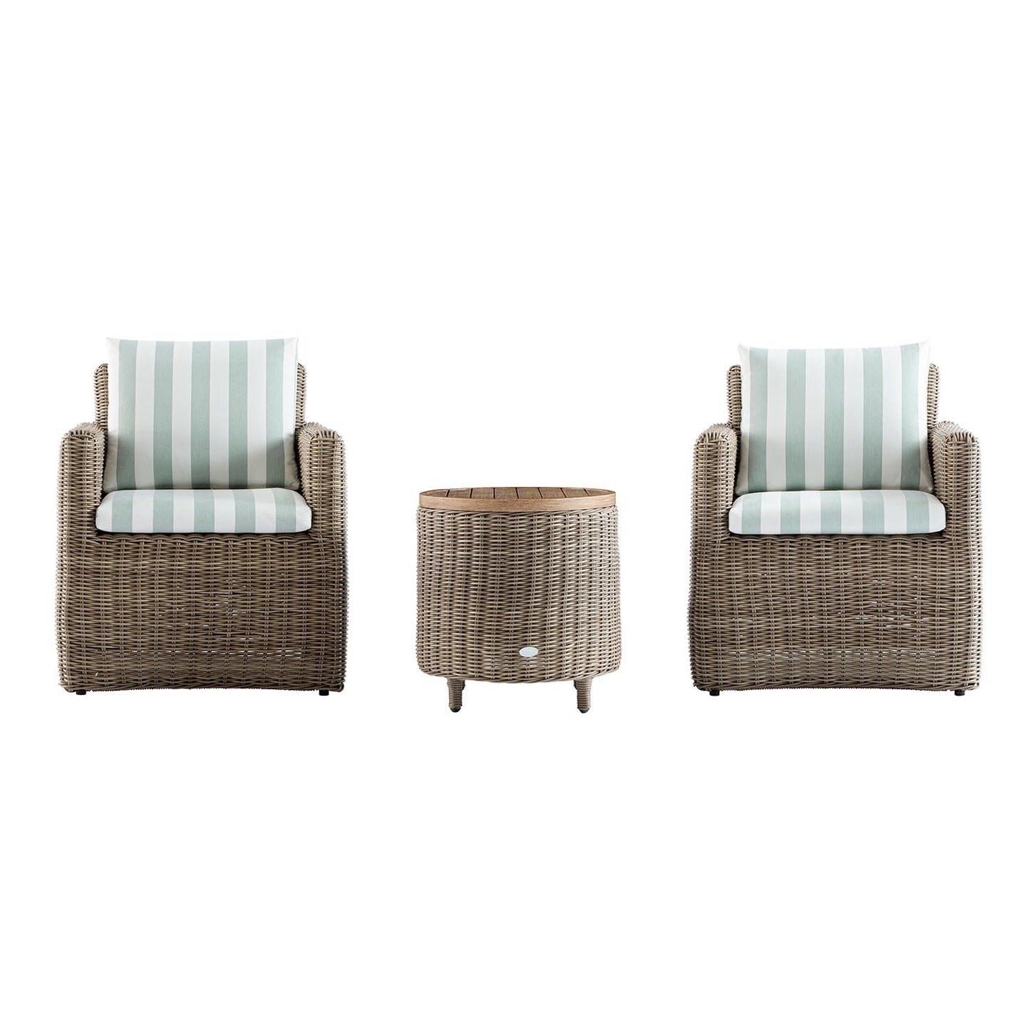 Bellagio Round Wicker Bistro Set with Rising Side Table, Natural with Sage Stripes