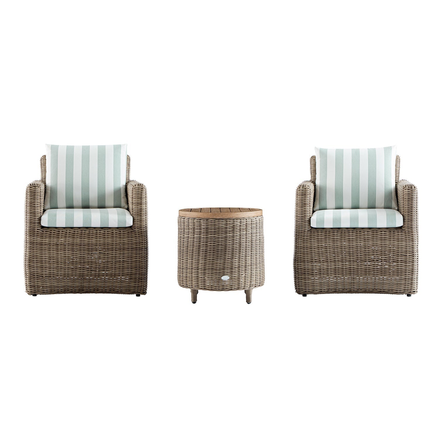 Bellagio Round Wicker Bistro Set with Rising Side Table, Natural with Sage Stripes