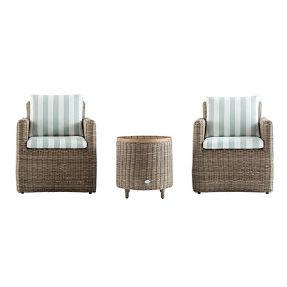 Bellagio Round Wicker Bistro Set with Rising Side Table, Natural with Sage Stripes