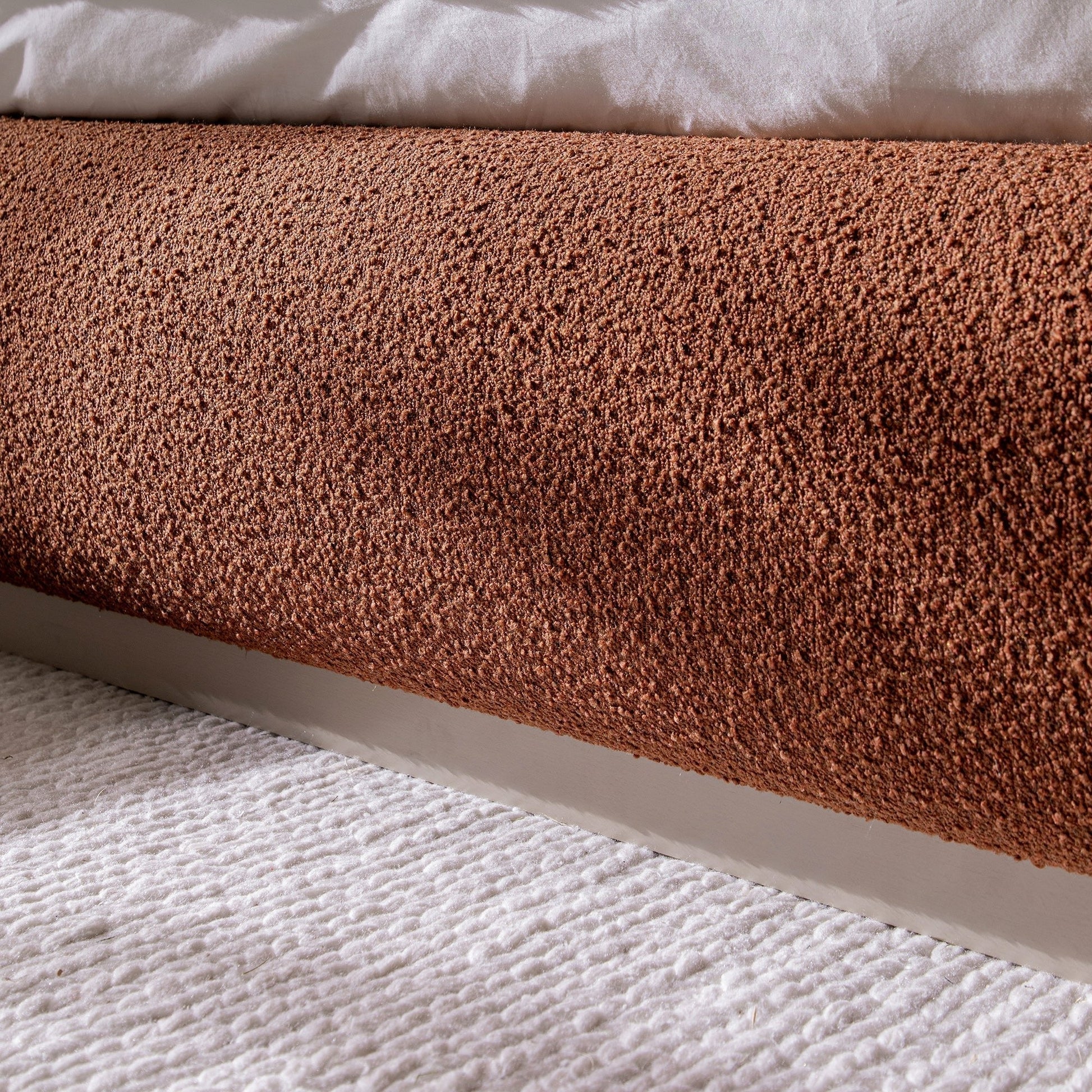 Luella Upholstered Wooden Plinth Base Bed with Storage, Rust Boucle