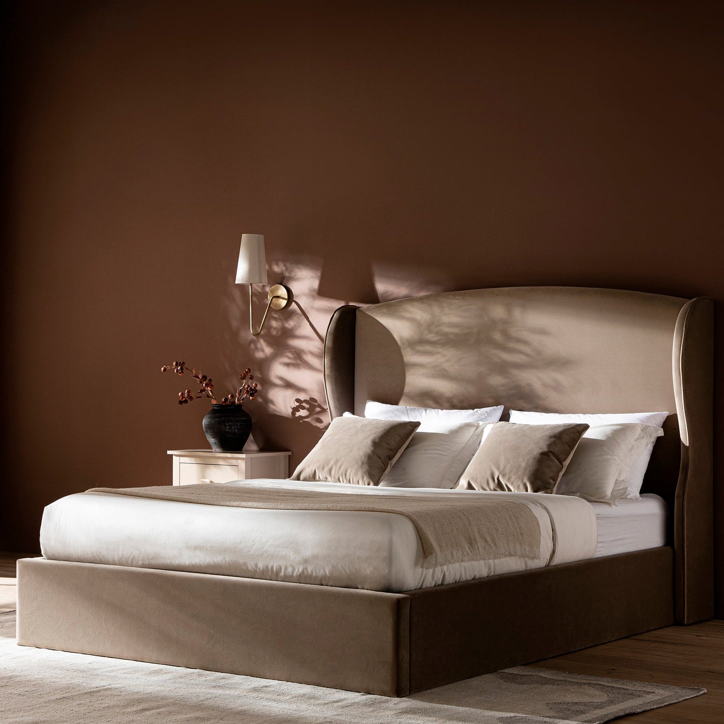 Kimberly Winged Upholstered Bed with Storage, Taupe Velvet