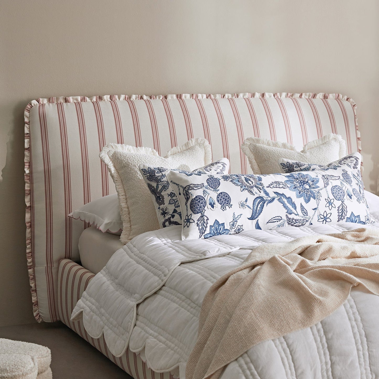 Celeste Upholstered Bed with Storage with Ruffled Headboard, Peony Red Stripe
