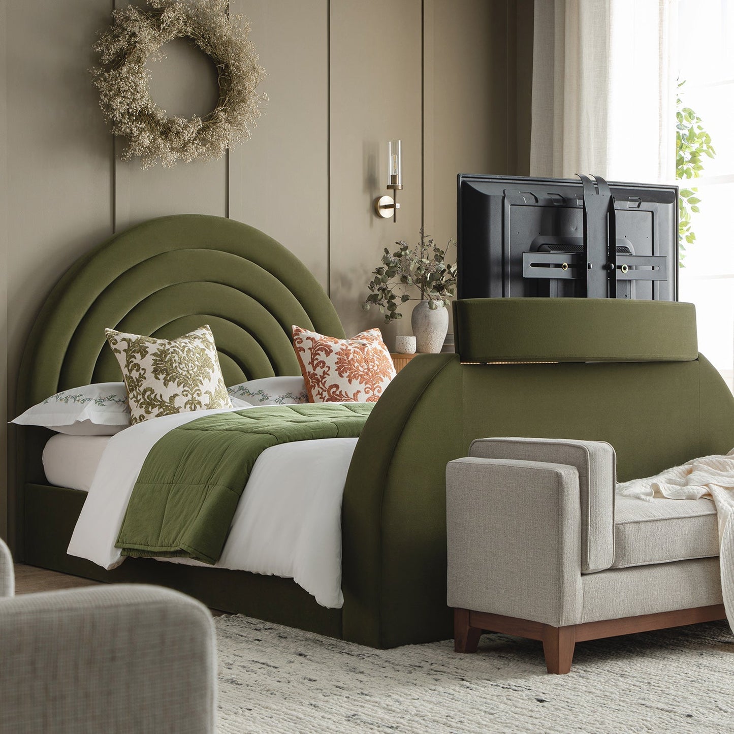 Archer Moss Green Velvet TV Bed with Ottoman Storage