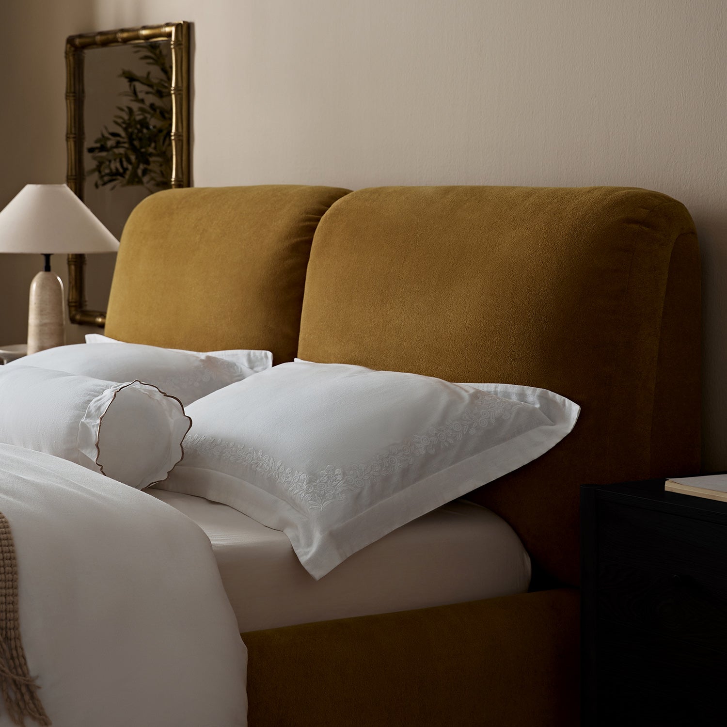 Thera Pillow Headboard Upholstered Bed, Burnt Ochre Chenille
