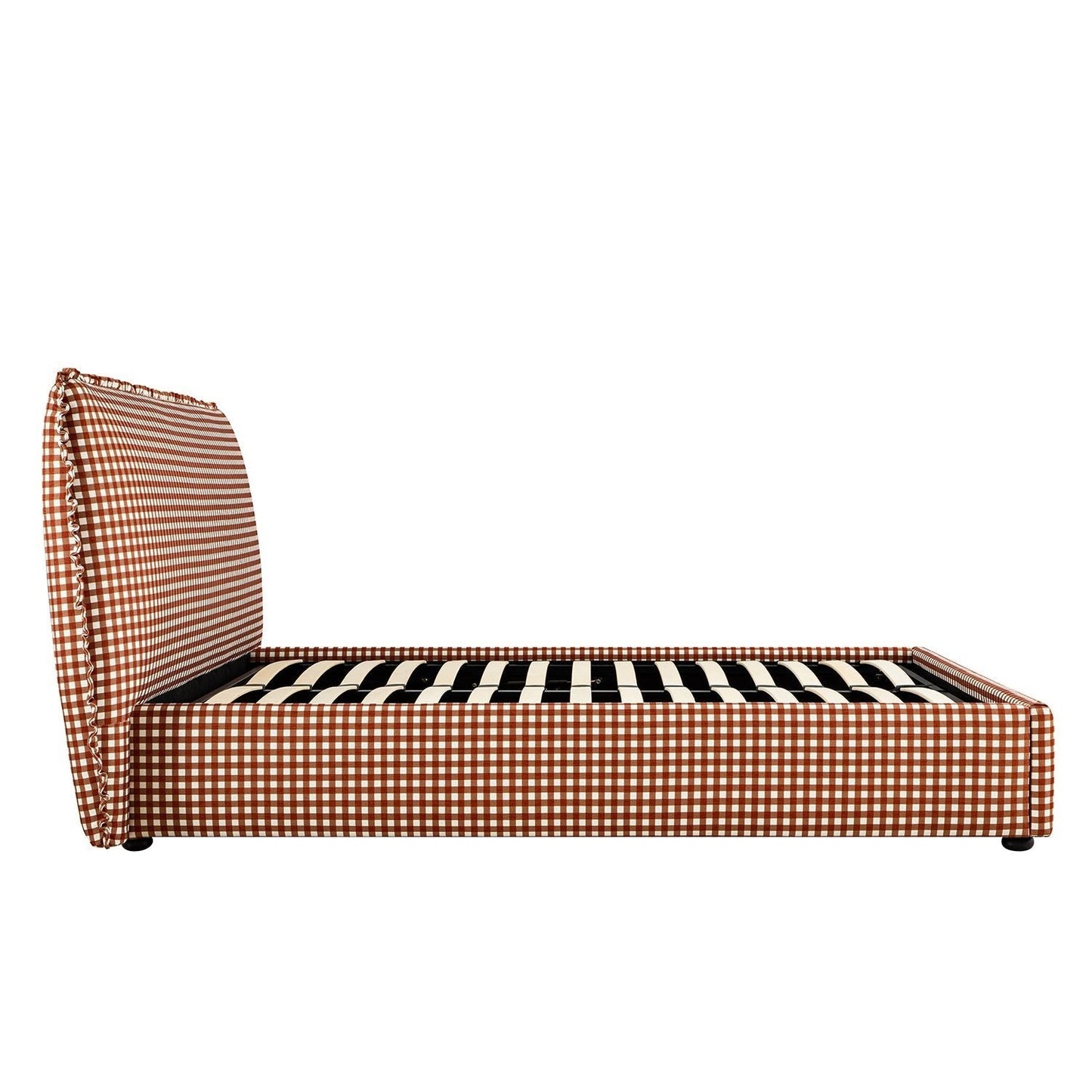 Celeste Upholstered Bed with Storage with Ruffled Headboard, Brick Gingham