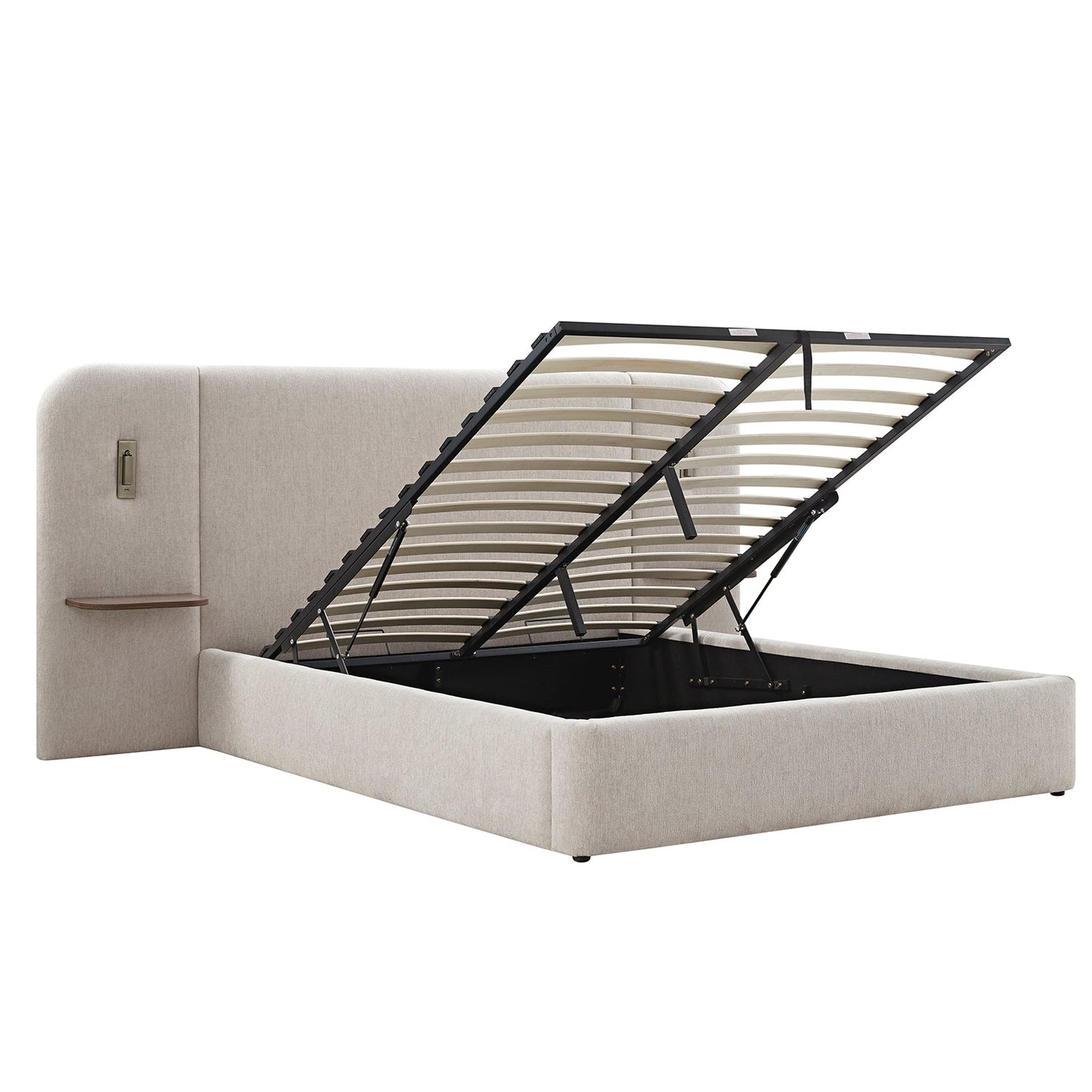Della Extended Headboard Bed with Storage, Soft Beige Chenille