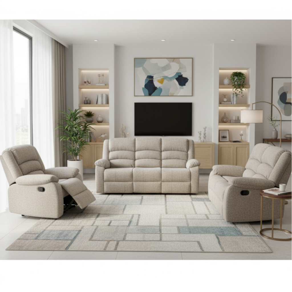 Stone Fabric Recliner Sofa Set – 3-Seater, 2-Seater & Armchair
