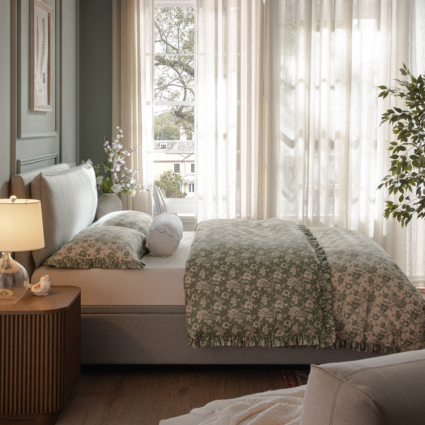 Kricia Upholstered Bed with Storage with Pillow Headboard, Slate Blue Chevron