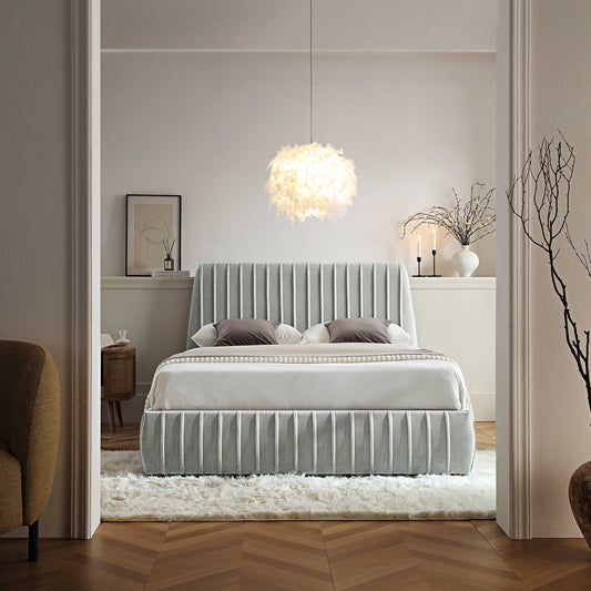 Helia Pleated Ottoman Bed with Storage, Silver Grey Velvet