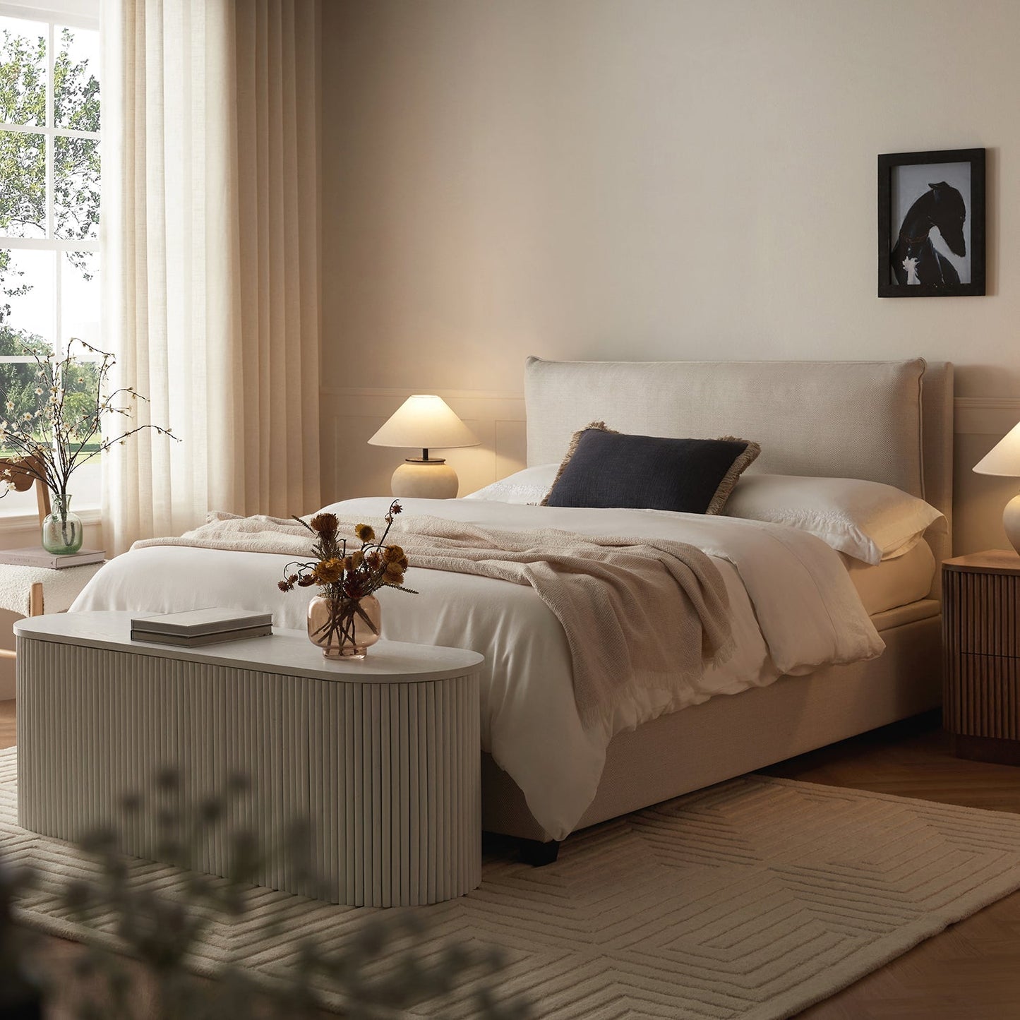 Kricia Upholstered Bed with Storage with Pillow Headboard, Oatmeal Chevron