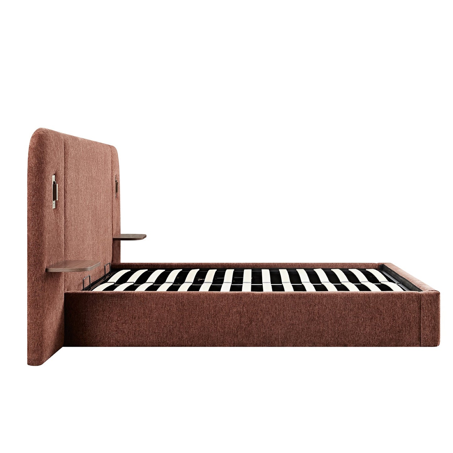 Della Extended Headboard Bed with Storage, Burnt Brick Chenille