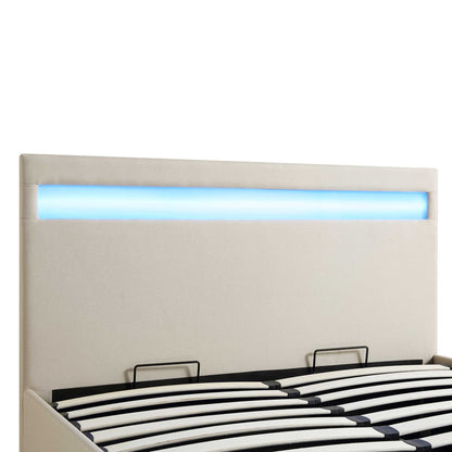 Pimlico End Opening Ottoman Bed with Storage Frame with Multi-colour LED Headboard (Beige Fabric)