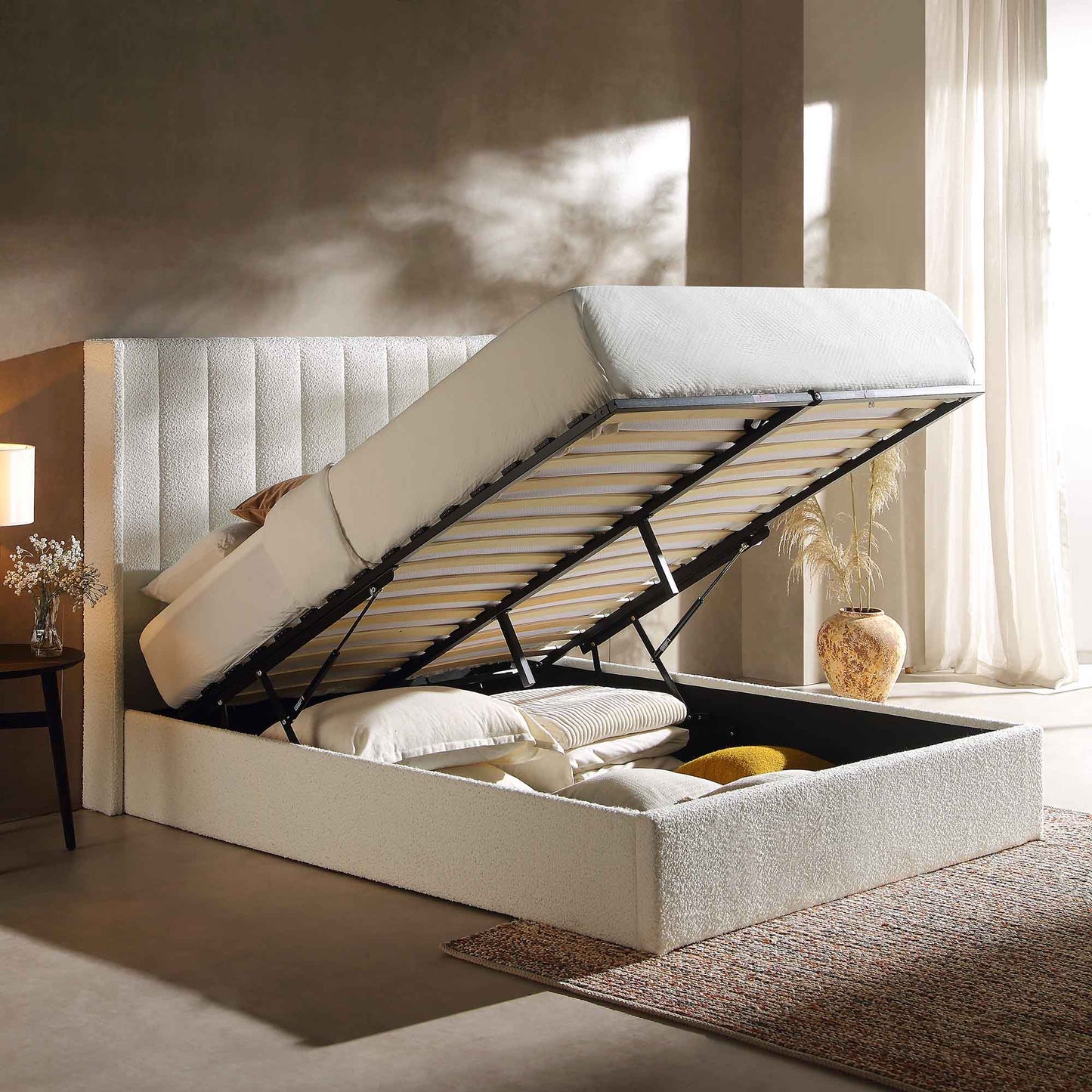 Wilton White Boucle Ottoman Bed with Storage