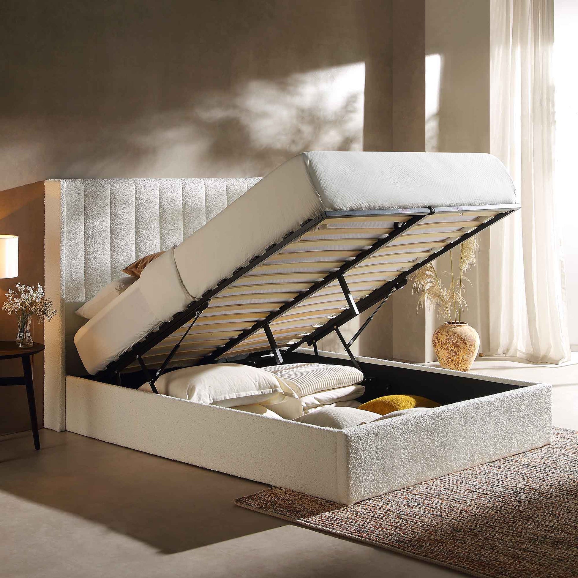Wilton White Boucle Ottoman Bed with Storage