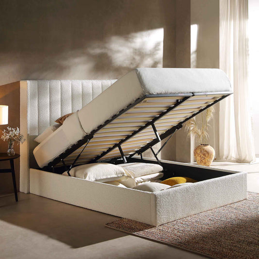 Wilton White Boucle Ottoman Bed with Storage